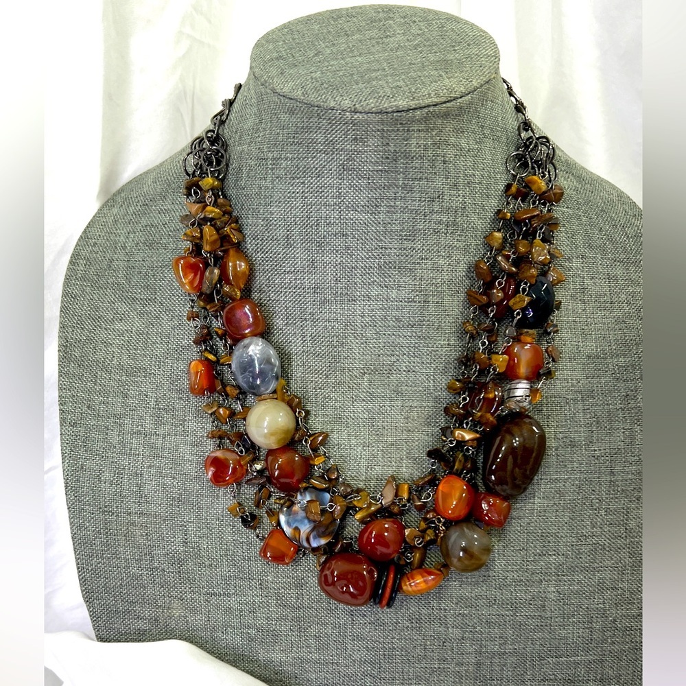 Bohemian Necklace, Glass Beads And Tigers Eye Chips All Together Using Antique
